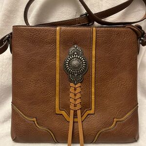 Justin Boots Brown and Tan Leather Crossbody Bag with Concho